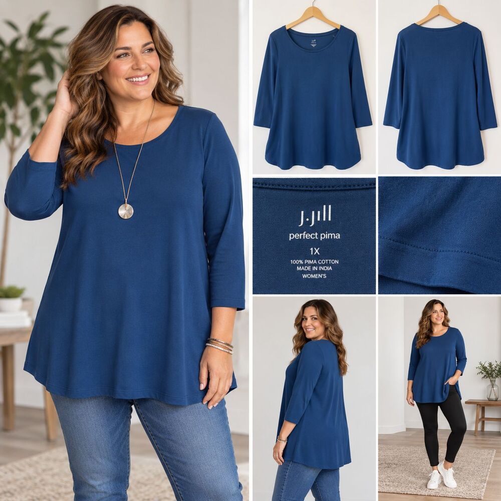 J Jill Perfect Pima Womens 1X Blue Pima Cotton 3/4 Sleeve Tunic Top Plus Size